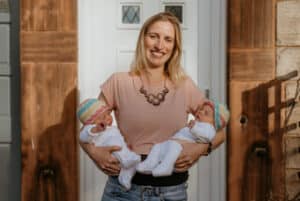 Rachel McGregor holding her baby twins