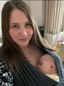 New Mum Jo with baby girl in sling